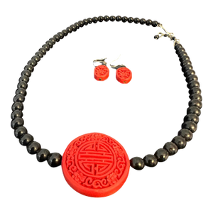 Vintage Hand Carved Cinnabar-Style Chinese Pendant Necklace With Black Onyx Glass Beads and Matching Earrings