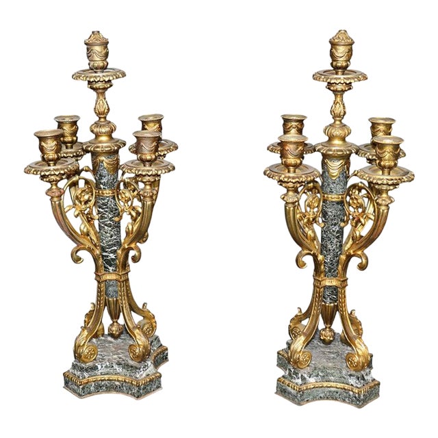 Pair 1920's French Louis XV Style Marble and Bronze Candelabras For Sale