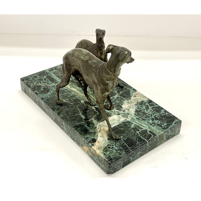 Bronze Antique Greyhound Whippet Sculpture in Aged Bronze and Serpentine / Verde Marble Base For Sale - Image 8 of 13