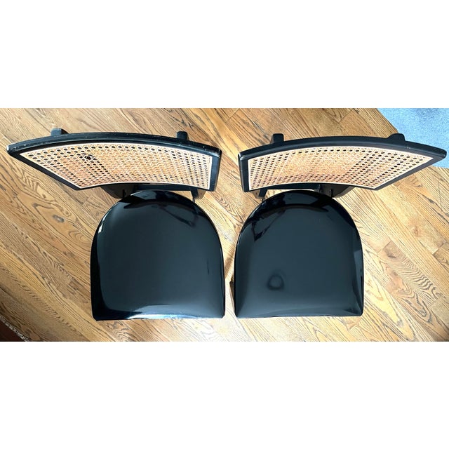 1950s Vintage Stakmore Folding Game Table Set. Cane-Back Seating & Jet-Black Gloss Vinyl - Set of 3 For Sale In Los Angeles - Image 6 of 12
