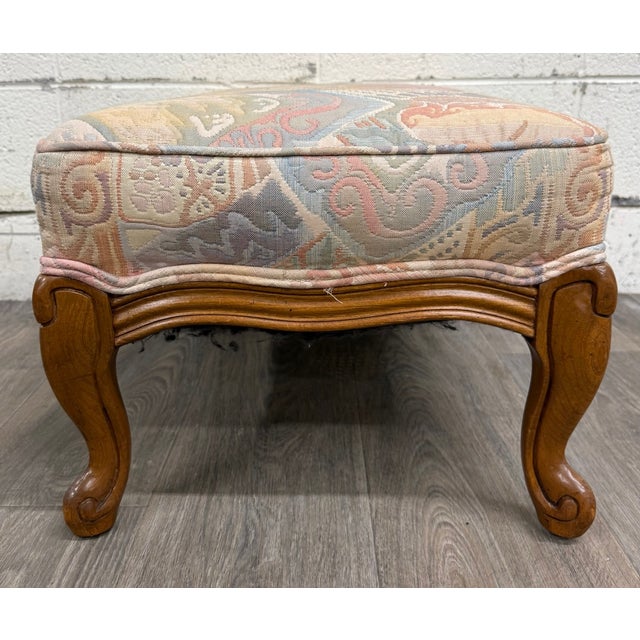 Vintage French Louis XV French Country Carved Upholstered Ottoman For Sale - Image 9 of 11