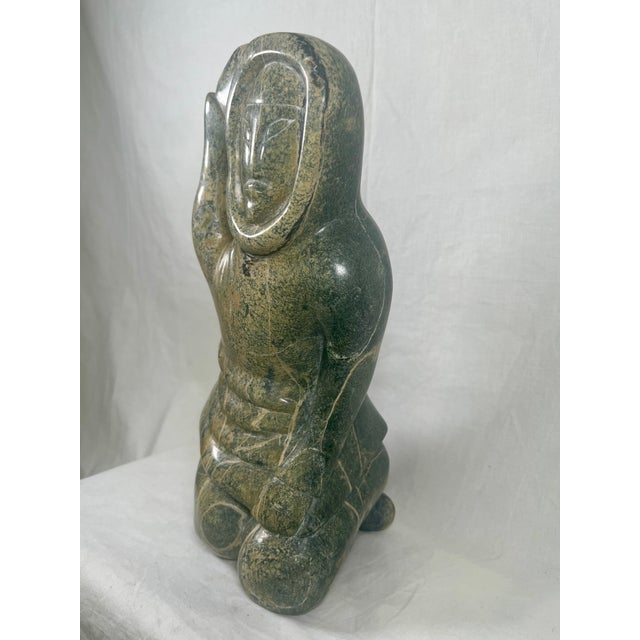 Large 13lb Vintage Inuit Stone Carving - Kneeling Figure in Parka, C. Mid-20th Century For Sale - Image 4 of 9