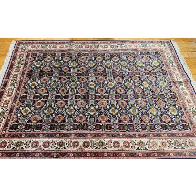 French Vintage Persian Tabriz Afshan Rug, Handwoven Geometric Caucasian Pattern, Navy & Ivory, 7’ X 10’ For Sale - Image 3 of 12