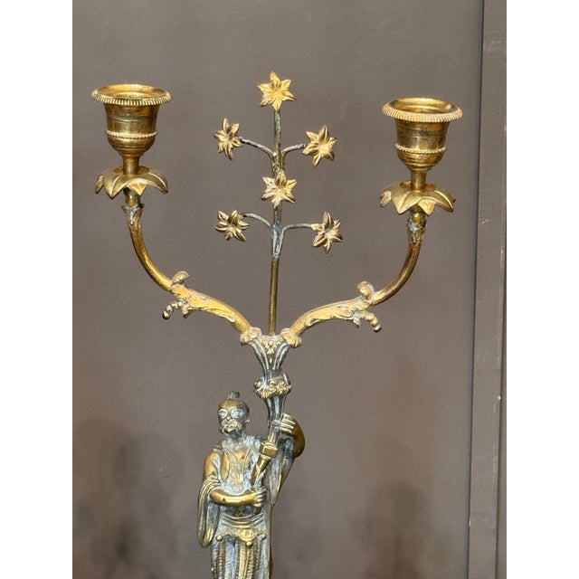 Pair of Regency Gilt Bronze Two-Light Candelabra With Chinoiserie Figures For Sale - Image 4 of 15