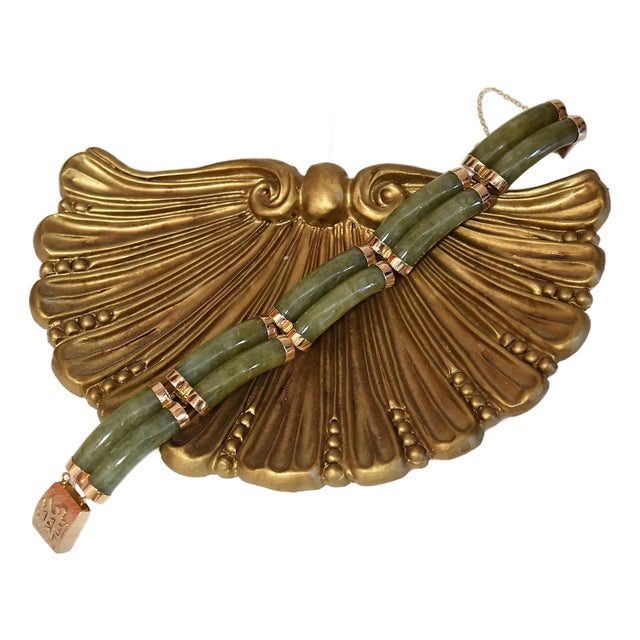 Late 20th Century 14k Gold Green Jade Link Bracelet Good Fortune 7 1/8" Long For Sale