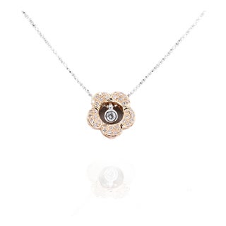 18k 750 Two Tone Rose and White Gold Natural Diamond Flower Pendant With Chain For Sale