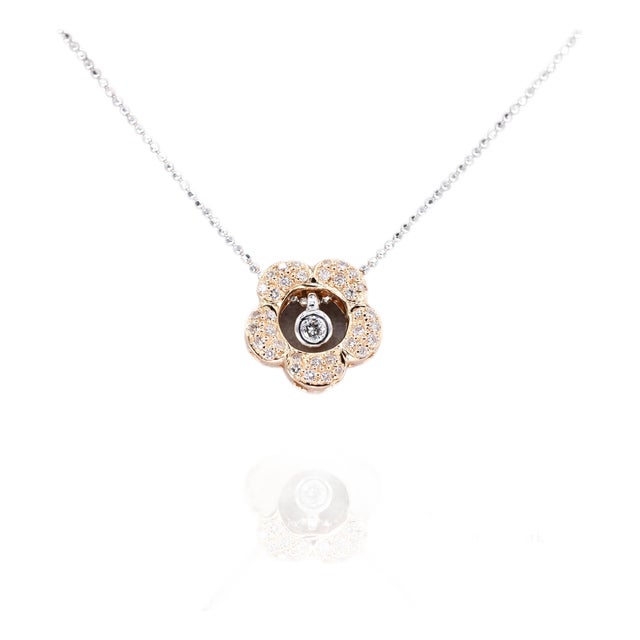 18k 750 Two Tone Rose and White Gold Natural Diamond Flower Pendant With Chain For Sale