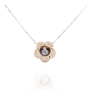 18k 750 Two Tone Rose and White Gold Natural Diamond Flower Pendant With Chain