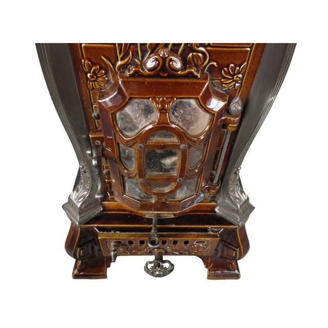 Antique French Art Nouveau Brown Majolica and Enameled Cast Iron Fireplace Tower Stove with Floral Reliefs, 1920s For Sale - Image 9 of 14