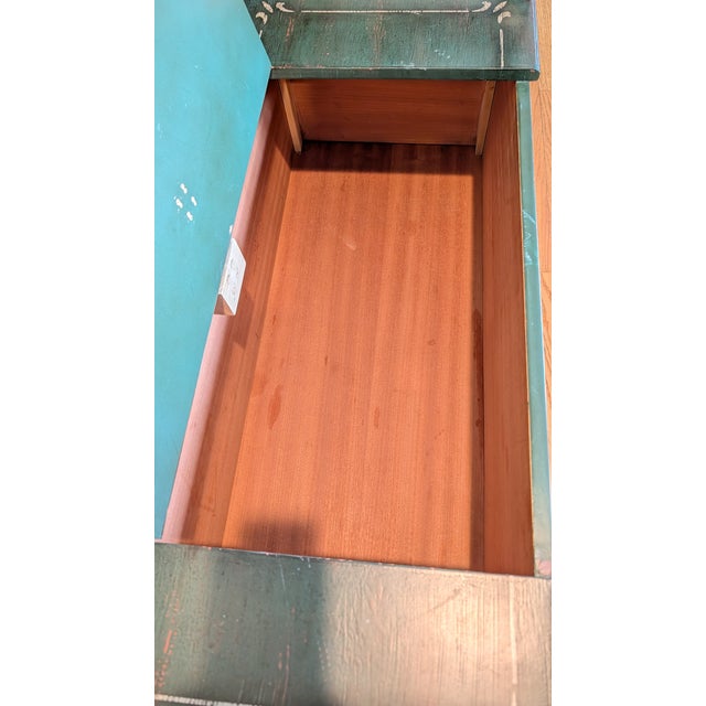 Hand-Painted Folk Art Storage Bench – Rustic Green With Floral Motifs For Sale - Image 10 of 10