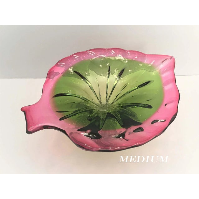 Mid-Century Modern, Art Glass Pedestal Centerpiece Bowl, Leaf or Fish Shape, Pink, Green, Clear Absolutely exquisite Art...