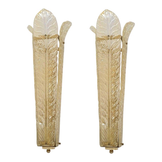 1970s Mid-Century Modern Leaf Murano Glass Sconces - a Pair For Sale