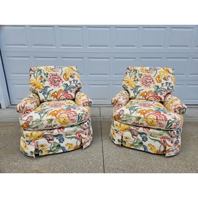 Cream Baker Furniture Floral Print Swivel Chairs For Sale - Image 8 of 15
