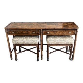 Hekman Burl Wood, Faux Bamboo Console With Nesting Stools & Brass Accents For Sale
