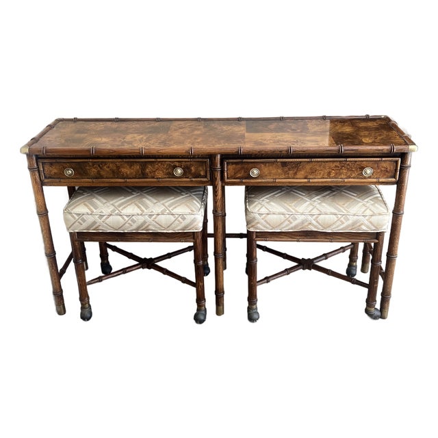 Hekman Burl Wood, Faux Bamboo Console With Nesting Stools & Brass Accents For Sale