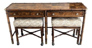 Hekman Burl Wood, Faux Bamboo Console With Nesting Stools & Brass Accents