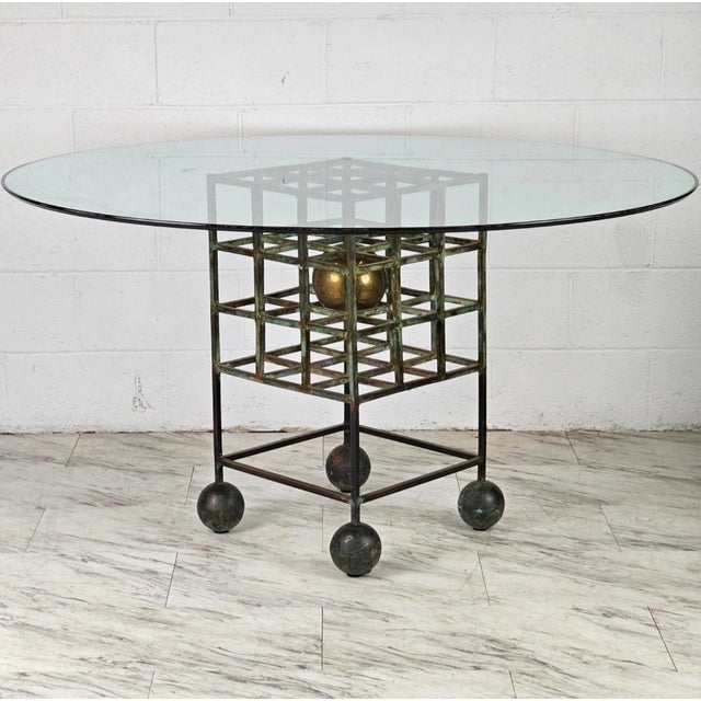 Postmodern 1980s Artisan Made Solid Bronze & Brass Dining Table With Beveled Glass Top For Sale - Image 3 of 9