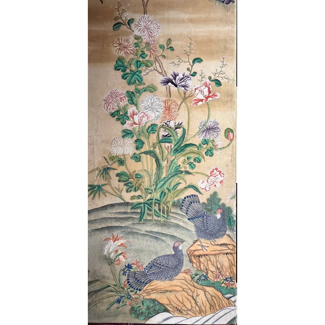 Chinese Export Six Panel Screen Circa 1920s, Hand-Painted Chinoiserie Garden With Birds For Sale - Image 13 of 16