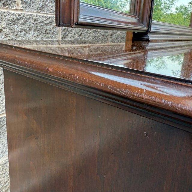 1980s Ethan Allen Georgian Court Solid Cherry 8 Drawer Low Dresser & Trifold Mirror (11-5223) For Sale - Image 16 of 18