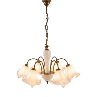 Mid-Century Modern Italian Murano White Opaline Glass and Brass Chandelier, 1950s For Sale