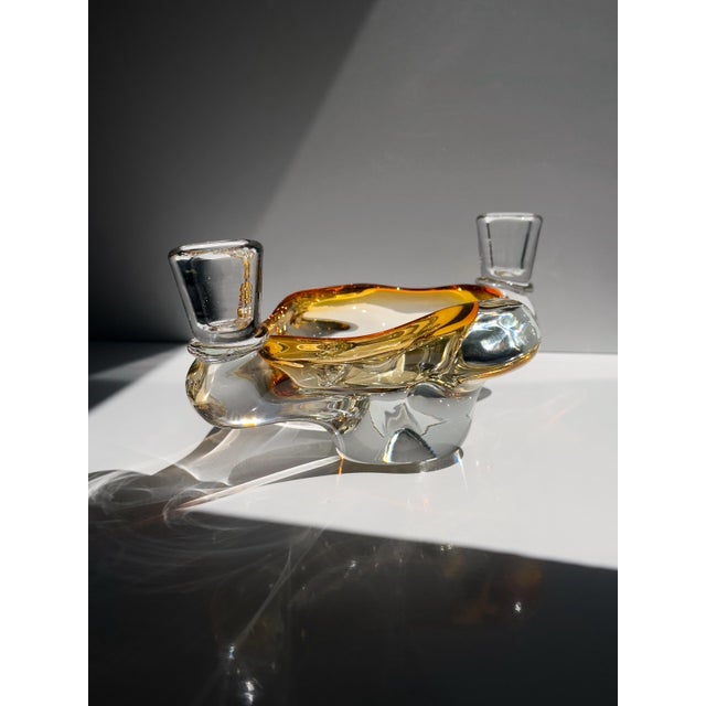 Vintage Amber and Clear Murano Glass Ashtray with Candleholders, Italy, 1970s, in Very Good conditions. Designed 1970 to 1979