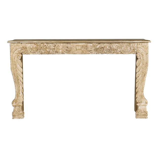 Mughal Style Painted Console Table with Foliage Carved Apron and Legs For Sale