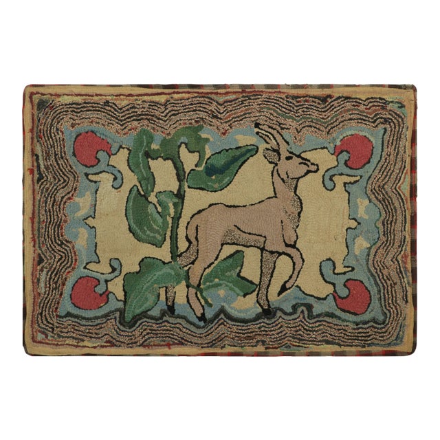 Antique Hooked Rug in Beige-Brown With Animal Pictorial Patterns | Rug & Kilim For Sale