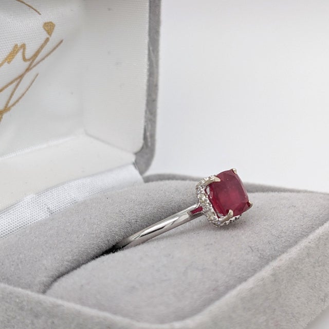 Red 1.7Ct Ruby Ring With Earth Mined Diamonds Halo: Solid 14k Gold, Cushion Cut 7mm, Size 6.75 For Sale - Image 8 of 14