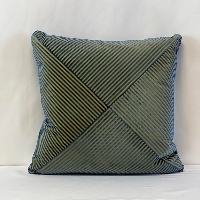 Custom-tailored handcrafted 20” pillow in royal blue velvet on deep yellow/gold tone fabric. Hidden zipper closure and...