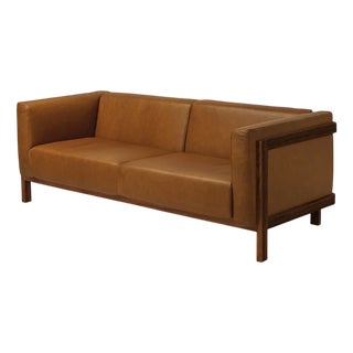 LIFT Minimalist Three-Seater Sofa in Walnut Wood and Camel Leather Seat by Julien Renault For Sale