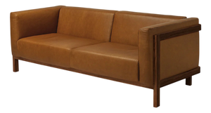 LIFT Minimalist Three-Seater Sofa in Walnut Wood and Camel Leather Seat by Julien Renault