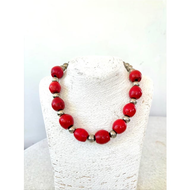 Sherpa coral and silver beaded necklace. Sherpa beads from Nepal. Designed by Matthew Izzo.