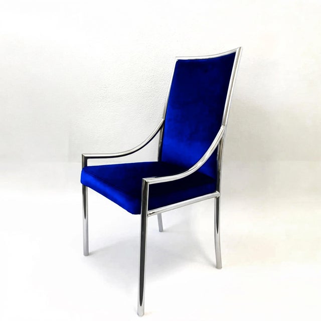 Dillingham Manufacturing Company Full Set of 6 Chrome and Blue Velvet Dining Chairs by Pierre Cardin 1970s For Sale - Image 4 of 8