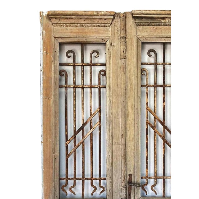 Rustic Antique Entry Doors With Wrought Iron Window Grilles - A Pair For Sale - Image 3 of 7