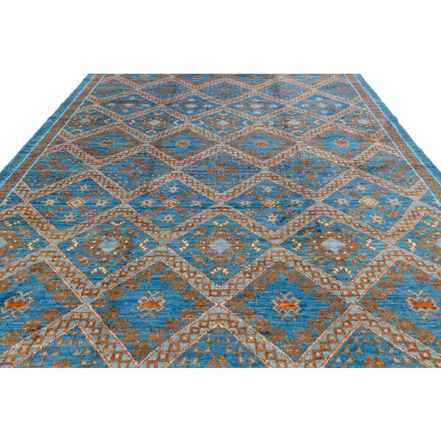 Modern Moroccan Style Hand-Knotted Wool Area Rug in Sky Blue and Terracotta For Sale - Image 12 of 12