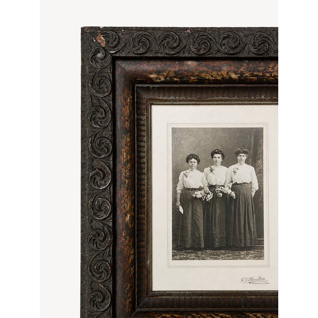 Antique Black Forest Carved Wood Frame With Original Sepia Protrait Photograph, Ansonia Ct Studio, Deep Profile Frame For Sale - Image 4 of 10