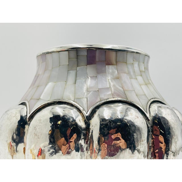 Silver Large Silver-Plated & Mother-of-Pearl Vase by Los Castillo, Taxco Mexico, 1960s For Sale - Image 8 of 15