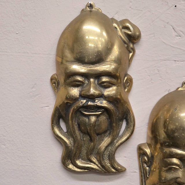 Mid 20th Century Vintage Brass Wall Masks, Chinoiserie Wall Plaques — Set of 2 For Sale - Image 5 of 10