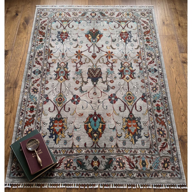 2000 - 2009 Ziegler Design Area Rug, Hand-Knotted Wool, Floral, 5x7, Silver & Teal For Sale - Image 5 of 12