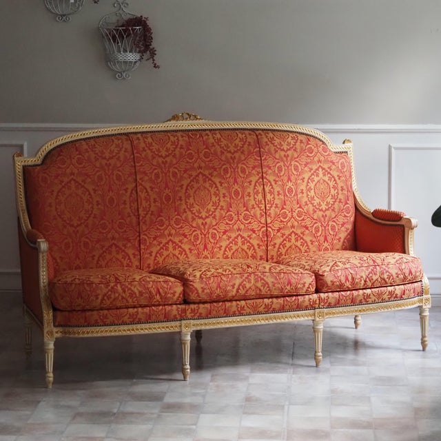 Louis XVI Style 3-Seater Bench with Damask Upholstery from Balzarotti Paris For Sale - Image 14 of 14