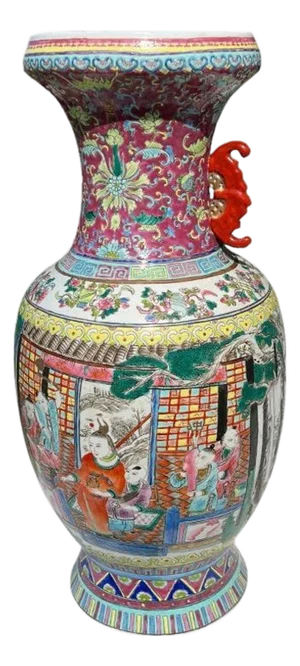 Mid 20th Century Tall Ceramic Famille Rose Pink Chinoiserie Vase