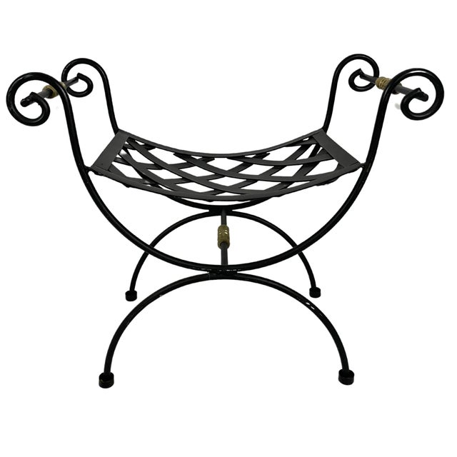 Metal 1940s Neoclassical Blacksmith Wrought Iron and Brass Curule Bench For Sale - Image 7 of 10