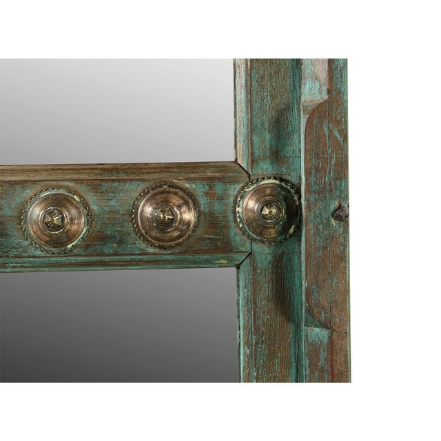 Farmhouse 1930s Antique Door Panel With Brass Pins Accents and Mirror Wall Hanging For Sale - Image 3 of 3