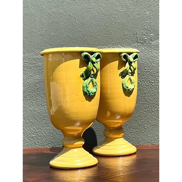 Vintage Italian Pedestal Ceramic Vases With Bow Detail For Sale - Image 9 of 12
