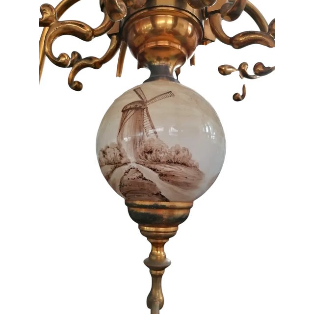 Vintage Eight-Light Brass and Ceramic Chandelier, 1950s For Sale - Image 4 of 7