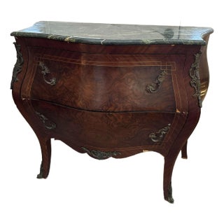 Late 20th Century French Louis XV Style Mahogany Marble Commode Bombay Chest With Ormolu Mounts For Sale