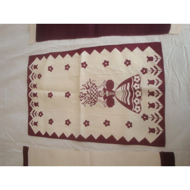 1940s Linen Hand Towels Maroon & Ivory Set of 3 For Sale - Image 9 of 11