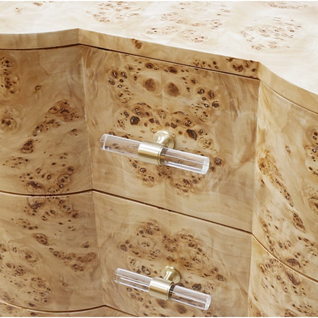 Matthew Izzo Home Plymouth Light Burlwood Three Drawer Chest With Acrylic and Brass Drawer Pulls For Sale In New York - Image 6 of 7