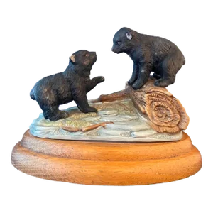 1980s Lynn Chase Music Box With Playing Bears