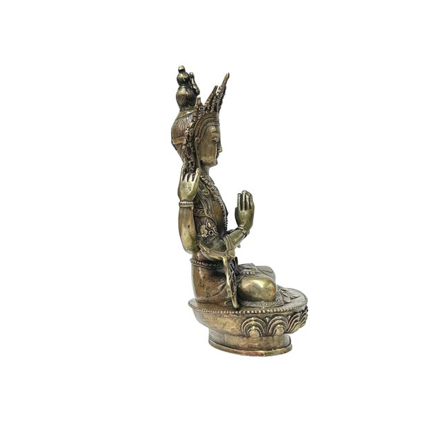 Vintage Distressed Silver Color Metal Sitting Four Arms Tara Statue For Sale - Image 4 of 7
